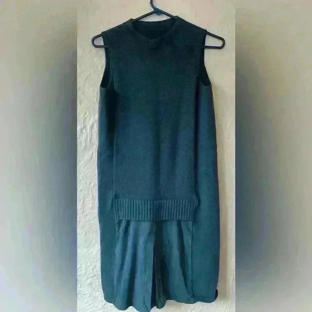 Per Se by Carlisle teal, knit merino blend sweater tunic/dress w/ pleated suede